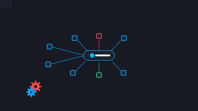 Abstract digital mind map and network data flow animation with spinning gears in dark background connection
