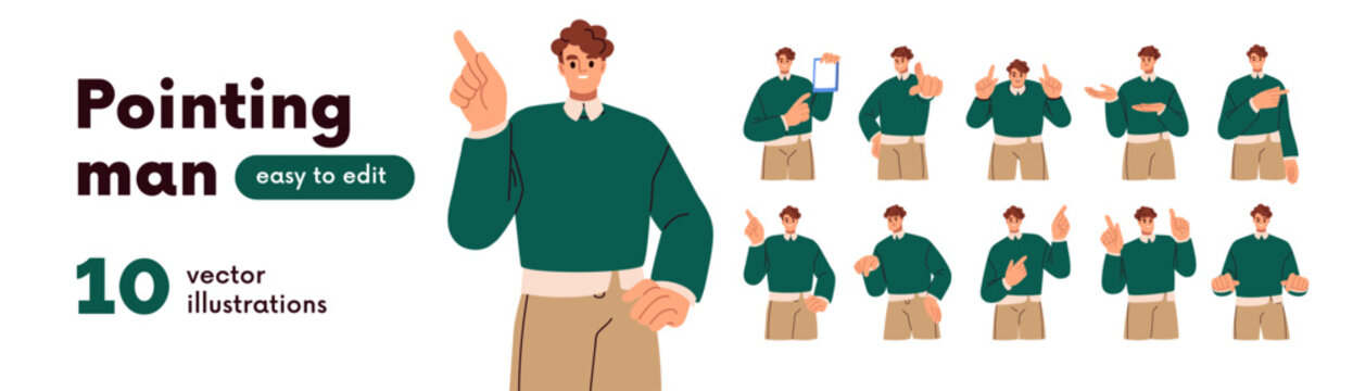Man points finger up, down and side. Happy business character, young man pointing with finger. Isolated person smiling, hand gesture showing, presenting, advertising. Flat vector illustrations set