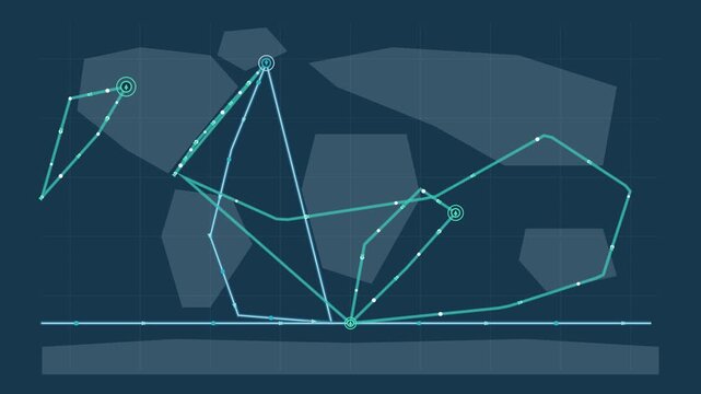 Abstract digital network connection map and data flow animation with global communication lines and nodes