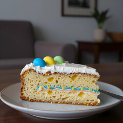 Fototapeta premium Easter celebration and holiday dessert, slice of sponge cake with colorful candy eggs and cream frosting served on a plate in a home dining room