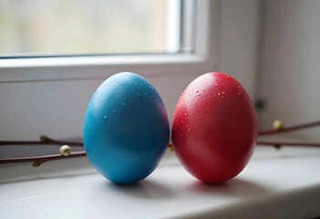 Fototapeta premium Easter celebration and spring holiday tradition, blue and red painted eggs with water droplets on a windowsill with pussy willow branches for decor
