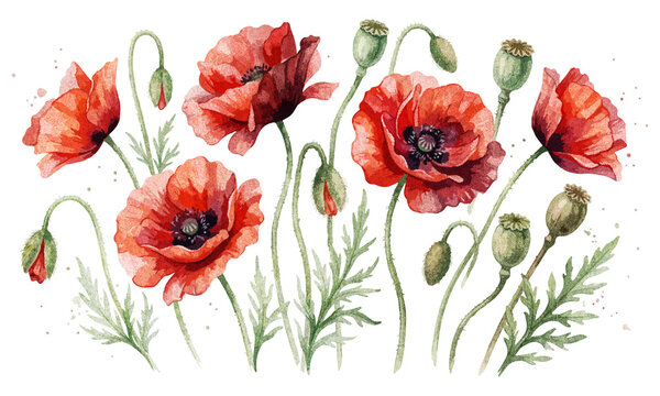 Watercolor red poppy flowers and seed pods border, botanical floral art, red poppies field illustration, wild poppy blossom arrangement isolated on Transparent Background