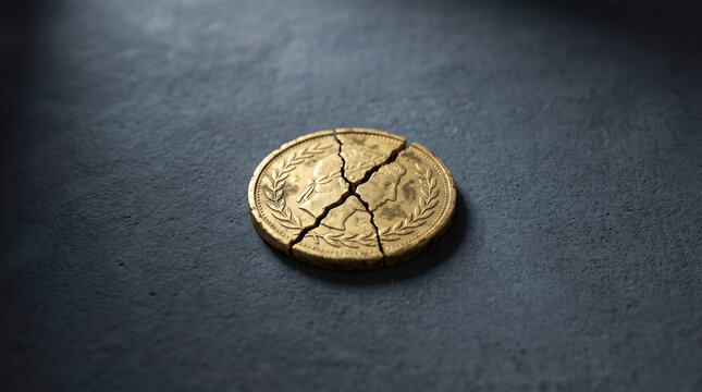 Shattered golden coin featuring classic profile portrait resting upon dark textured concrete surface under dramatic spotlight symbolizing severe financial ruin