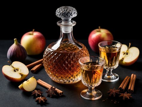Homemade apple fig liqueur in crystal decanter with two small glasses. Spices like cinnamon sticks, star anise lie near ripe fruits. Dark moody still life shows tasty fruit brandy, aromatic alcohol