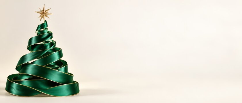 Green Satin Ribbon Christmas Tree on Wide Cream Banner with Copy Space