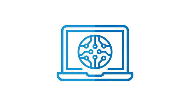 Blue laptop icon featuring integrated circuit globe design for modern digital computing and technical network connectivity