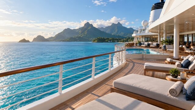 Quiet luxury ship deck overlooking a turquoise island coastline