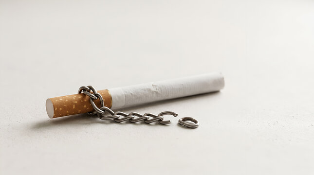 Break from Cigarette Addiction with Broken Metal Chain Link Around Tobacco Cigarette