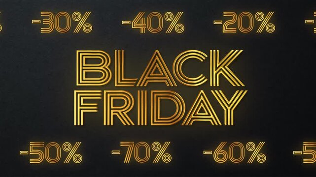 Golden Black Friday sale promotion with scrolling minus percentage discounts, 4K loop on textured dark background, retail marketing and store advertising