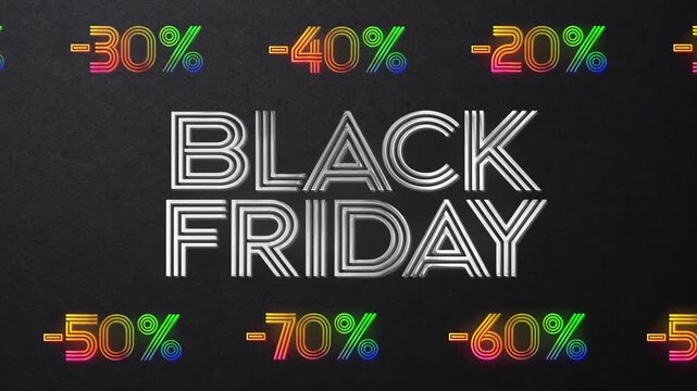 Silver Black Friday sale promotion with scrolling rainbow neon minus percentage discounts, 4K loop on dark textured background, retail marketing and store advertising