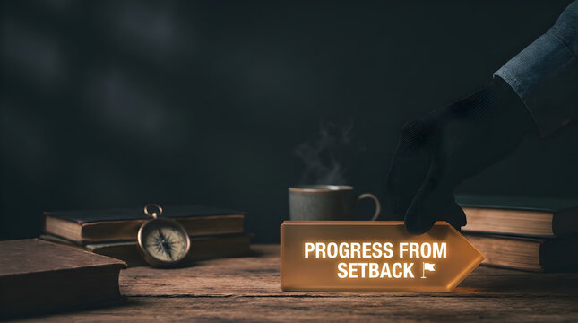 A hand placing a glowing arrow sign with text on a wooden desk with progress setback rustic