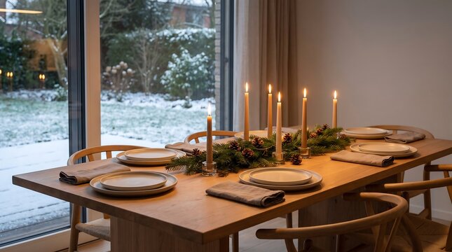 Cozy Christmas dinner table setting with burning taper candles, pine garland centerpiece, ceramic plates and snowy garden window view