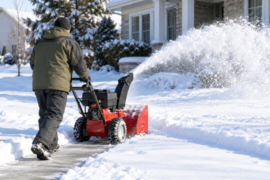 Worker pushing a red snow blower along a snowy sidewalk with snow arcing aside - residential snow removal service
