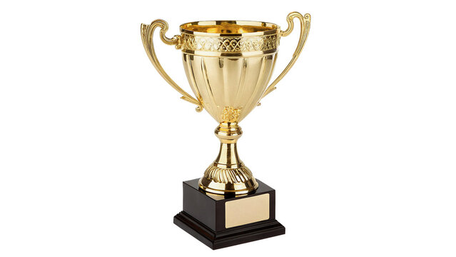 Shiny metallic golden trophy cup champions awards victory reward isolated on transparent background