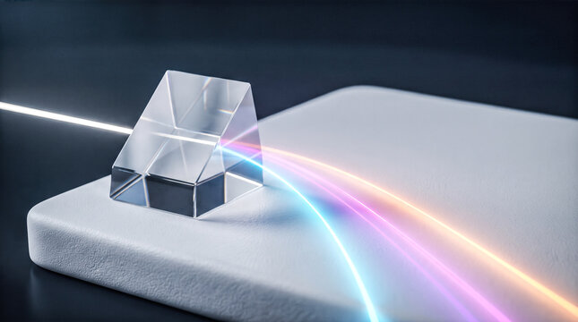 Triangular glass optical prism refracting incident light beam into spectral rainbow colors resting on matte pedestal surface in studio