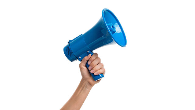 Human hand holding blue metallic manual megaphone speaker sound broadcasting isolated on transparent background