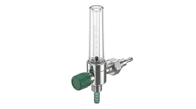 Medical oxygen flowmeter with pressure regulator valve, chrome gas rotameter equipment, clinical oxygen flow gauge on white background