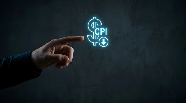 A hand pointing at a glowing blue digital consumer price index icon on dark background