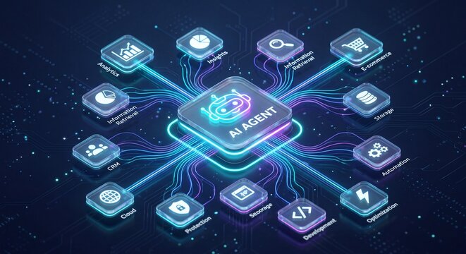 Artificial intelligence agent icon at the center of a digital network with various technology icons with technology service modules connects multiple digital