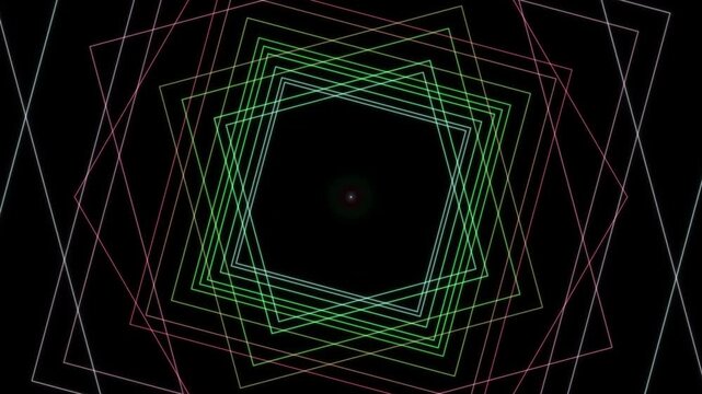 Futuristic geometric wireframe pattern featuring nested squares in looping motion with neon green, red and white outlines on a black background.