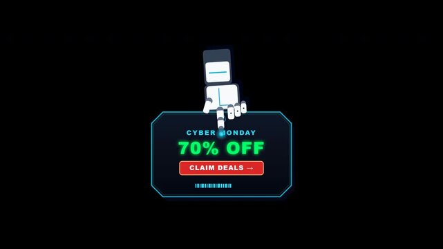 Flat animated cyber monday robot hand clicking a futuristic price tag on a transparent background