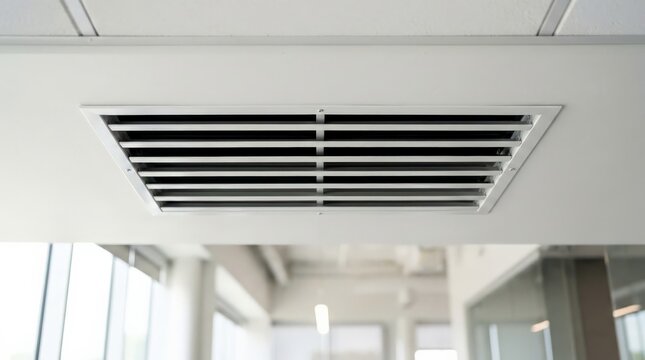 A close up view of an industrial air conditioning vent on a ceiling in an office building controlled by a smart thermostat to regulate room temperature efficiently