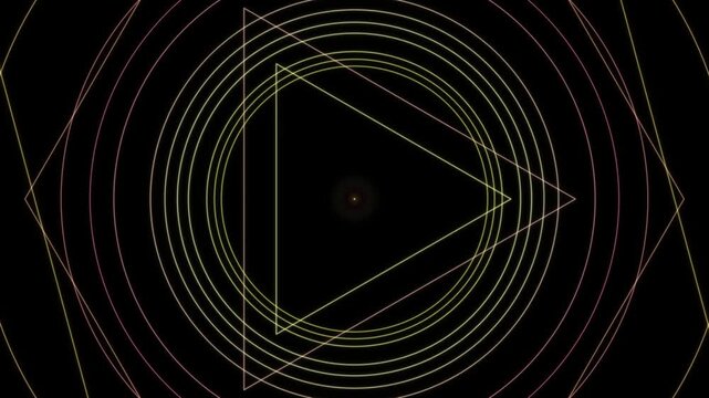 Geometric looping animation features intersecting triangles and concentric rings on a black background