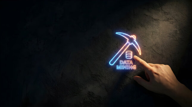A hand touches a glowing neon data mining symbol on a dark textured wall background