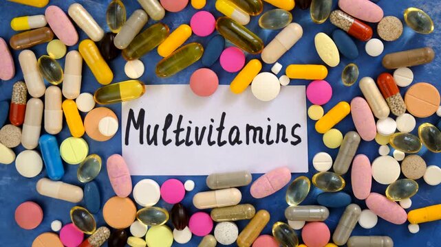 Various tablets and capsules, supplements and vitamins. Selective focus.