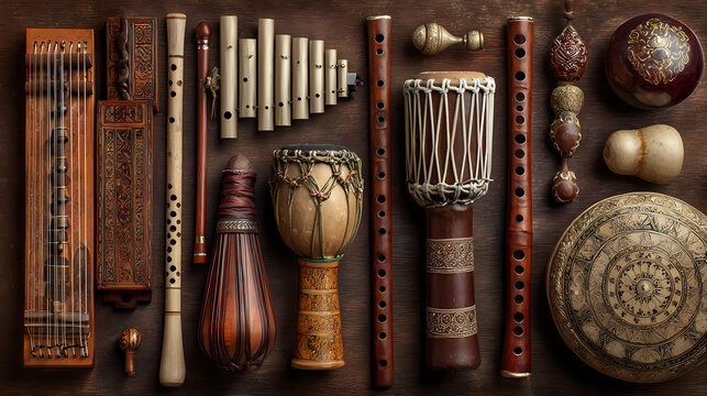 Various traditional wooden musical instruments arranged neatly on a dark textured rustic wooden surface.