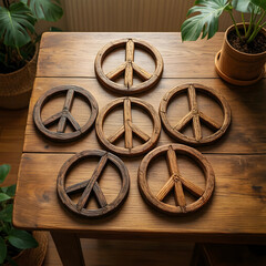 Fototapeta premium Peace and harmony concept wooden peace signs arranged on a rustic table with indoor plants for mindfulness meditation and social unity atmosphere