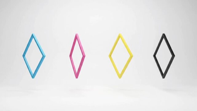 Minimalist CMYK Diamond Frames Rotating Smoothly in Precise Isolated Animation on White Background