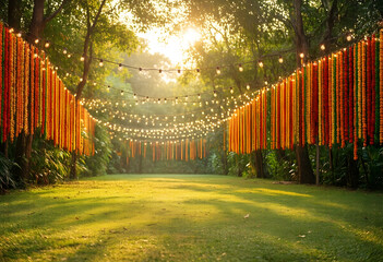 Fototapeta premium Wedding celebration and event planning, outdoor garden venue decorated with marigold flower garlands and hanging string lights at golden hour sunset