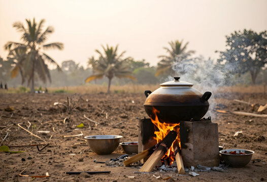 Rural poverty and food insecurity, traditional cooking on open fire with metal pot in agricultural field at sunset for subsistence living lifestyle
