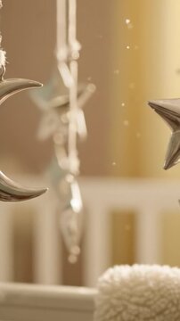 Captivating Silver Stars and Moon Mobile Decor Enhancing a Serene Nursery Atmosphere with Gentle Hues and Dreamy Accents