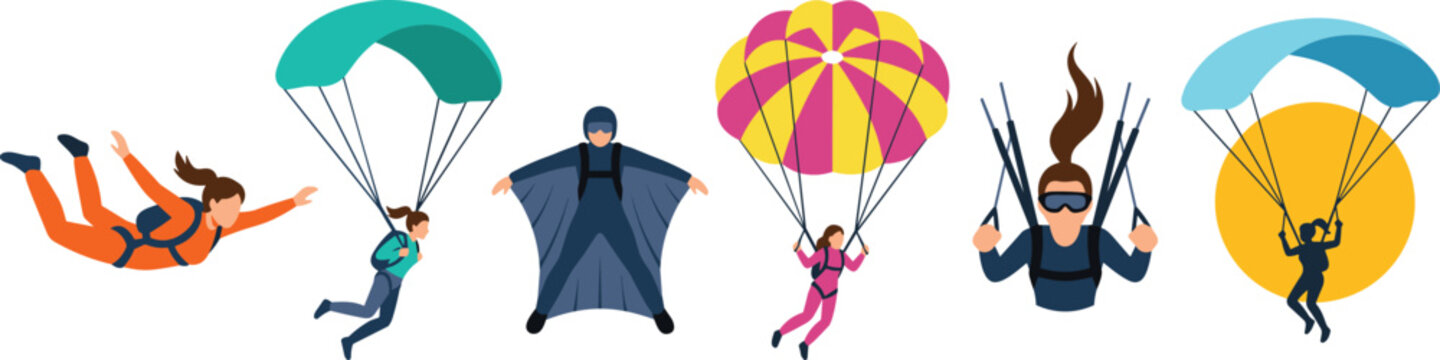 Extreme Sports Skydiving and Parachuting Vector Illustration Set Featuring Diverse Athletes Freefalling Paragliding and Wingsuit Flying Poses