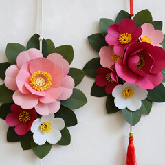 Fototapeta premium Lunar new year decoration, handmade paper flowers with camellia blossoms for spring festival and traditional asian home interior wall ornament