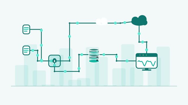Animated cloud computing network diagram showing data flow, security encryption, database storage, and analytics dashboard integration for modern it infrastructure and big data management systems