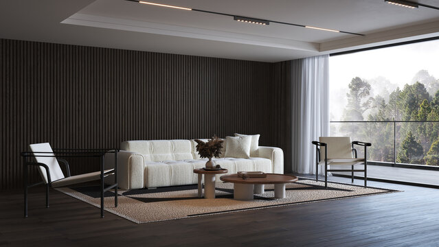 Modern apartment and living room and wooden wall background. 3d render
