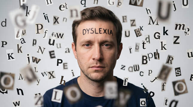 Adult Man with Floating Jumbled Letters Concept of Dyslexia and Reading Disability