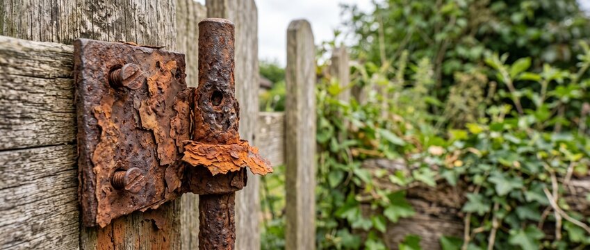 Gate hinge rusted solid photographed at eye level showing pin collared with orange scale, a close view of a gate that shrieks every time it moves as found representing a hinge seized by one wet winter