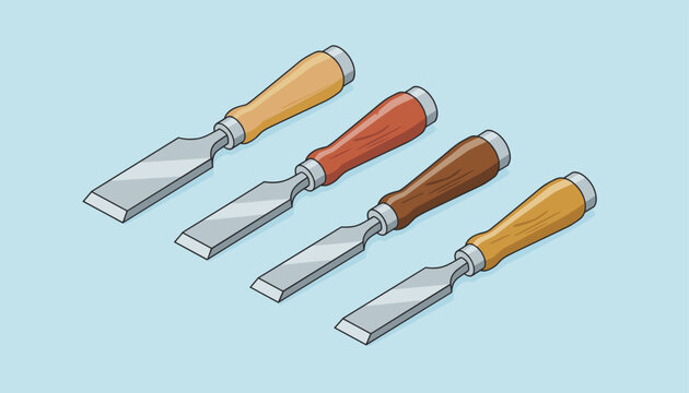 Set of four professional wood chisels with different wooden handles for precise woodworking, furniture making, and construction tasks.