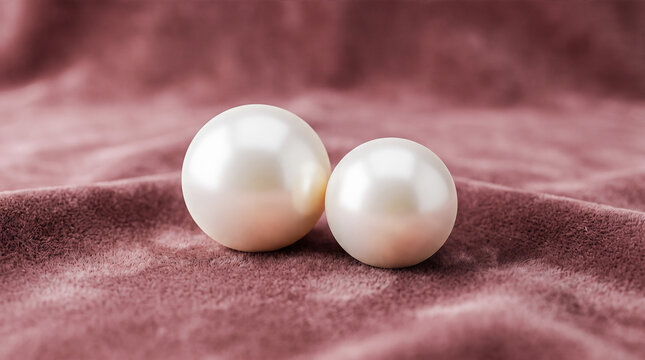 two natural white pearls lying soft pink velvet fabric luxury jewelry gemstones macro closeup shiny round pearl objects texture material background