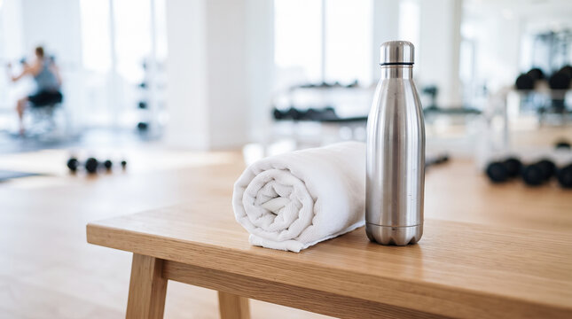 reusable stainless steel water bottle rolled white towel wooden bench gym fitness club training center workout accessories equipment interior nobody indoor