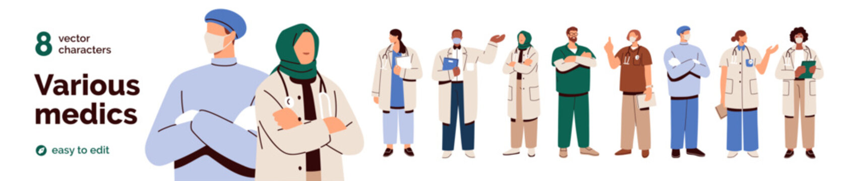 Doctor characters, vector hospital workers, medics. Health workers, flat vector illustrations set. Medical professionals. Doctors, healthcare characters. Hospital staff standing in scrubs, uniform