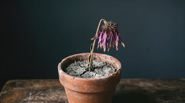 dead wilted flower dry cracked soil terracotta pot wooden table dark background drought climate change neglected houseplant dehydration death concept sadness
