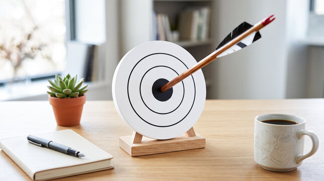 wooden arrow hitting center round target bullseye office desk notebook pen coffee cup succulent plant business goal achievement concept success strategy