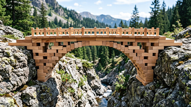 wooden blocks arch bridge spanning rocky canyon gap alpine mountain valley river pine forest landscape connection engineering solution concept miniature structure