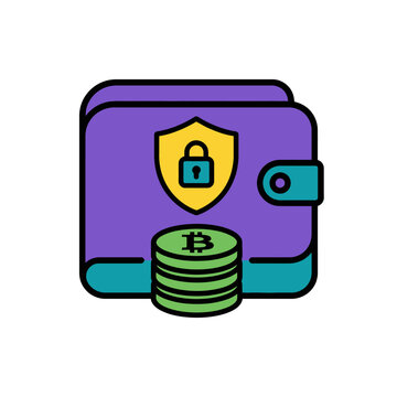 Secure crypto wallet icon with lock and bitcoin stack.