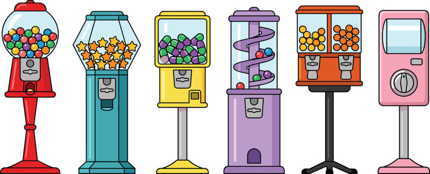 Vintage Gumball and Toy Vending Machine Vector Icon Set Featuring Retro Dispensers Filled with Colorful Candies Stars Capsules and Spiral Slides